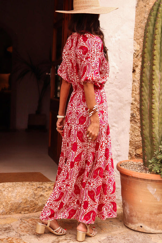 Red Paisley Print Side Slit Puff Sleeve High Waist Maxi Dress